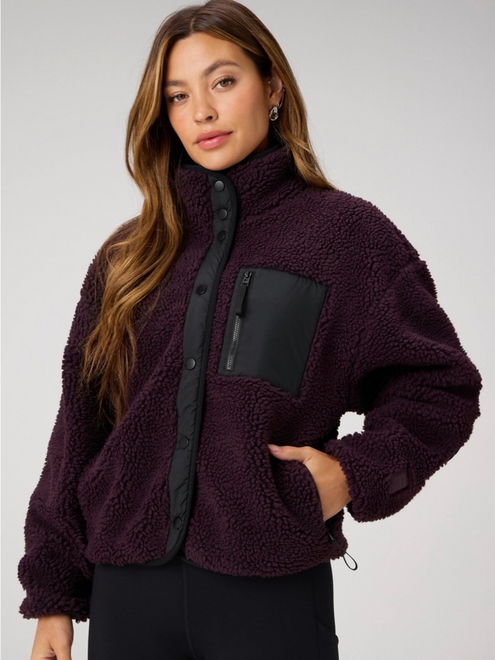 Fabletics Deep Plum Sherpa Jacket with Black Pocket Trim
